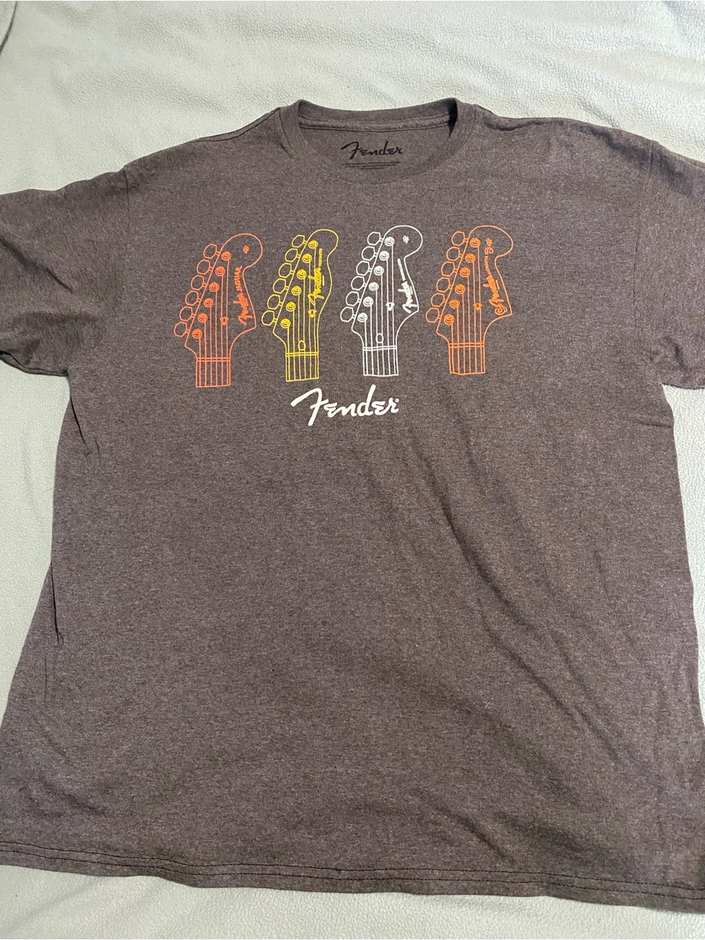 Fender Brown Tee with Orange, Yellow and White Guitar Headstock Graphics